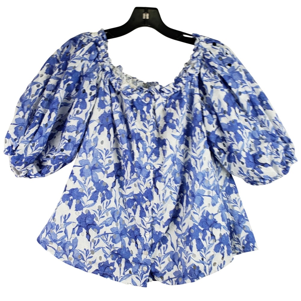 Boston Proper Floral Eyelet Blouse Womens L Blue White Puff Sleeve Boho Romantic